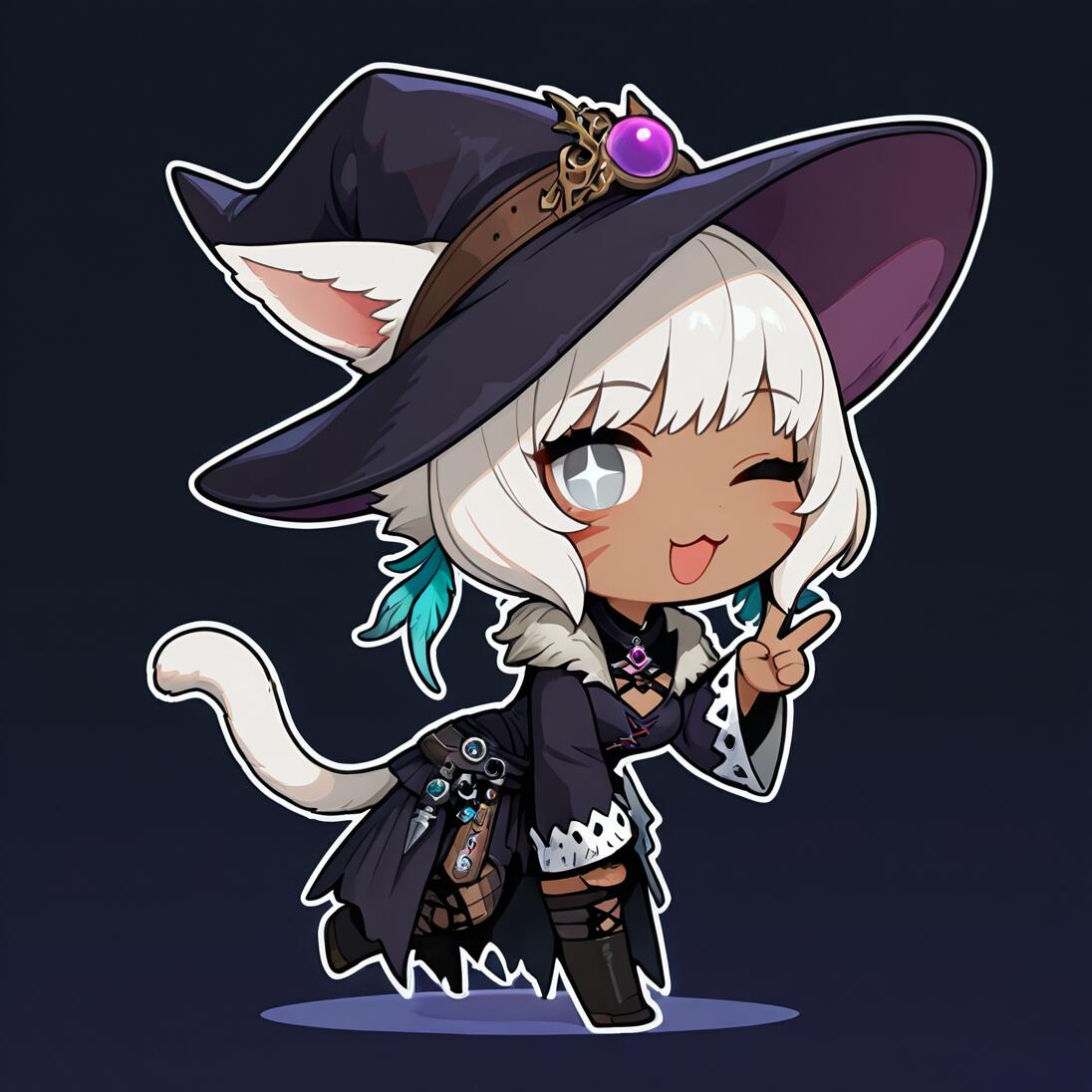 Final Fantasy XIV'ten Y'shtola Rhul'un sevimli bir chibi çizimi: Esmer tenli, beyaz saçlı, cadı kostümü giymiş bir kedi kız. Göz kırpıyor ve barış işareti yapıyor.