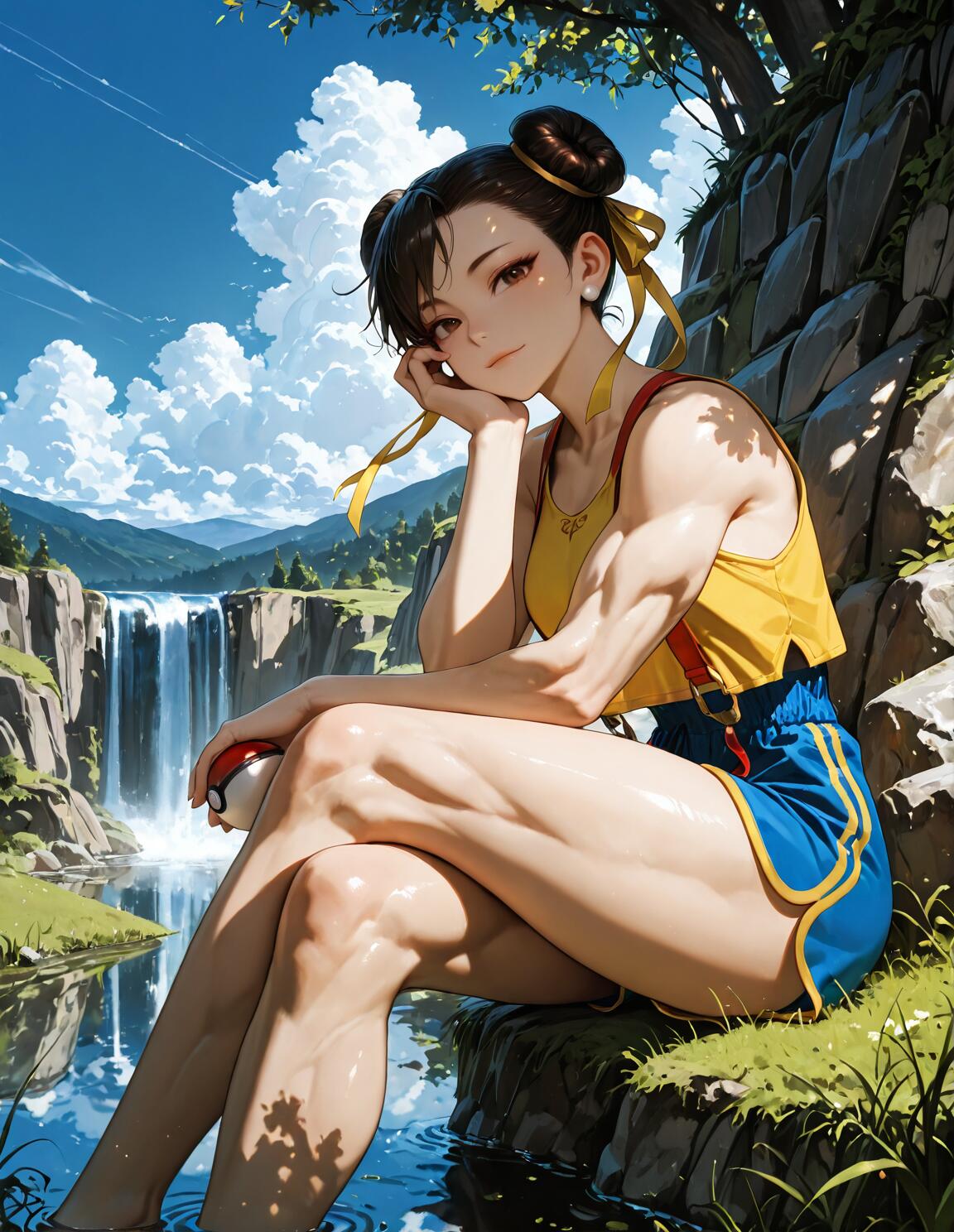 Street Fighter oyunundaki Chun-Li karakteri, güneşli ve doğal bir ortamda, bir göl kenarında ve bir şelalenin yanında oturuyor. Üzerinde sarı bir üst ve mavi şort bulunan Chun-Li, bir Pokémon eğitmeni gibi giyinmiş, elinde bir Poké Topu tutuyor ve izleyiciye gülümsüyor.