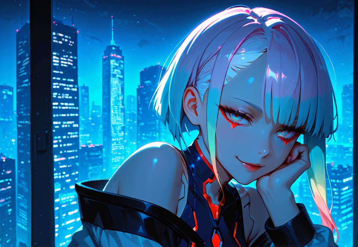 Cyberpunk: Edgerunners'dan Lucy'nin anime tarzında çizilmiş bir illüstrasyonu: Kısa, beyaz ve gökkuşağı renklerinde saçları olan genç bir kadın, izleyiciye hafifçe gülümseyerek bakıyor. Gece, fütüristik bir şehir manzarasının görüldüğü bir pencerenin önünde duruyor.
