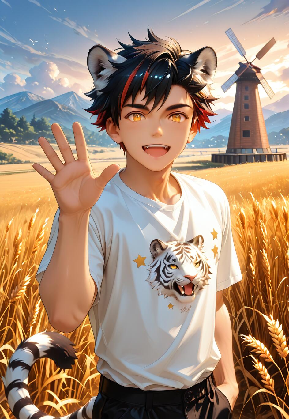 Siyah ve kırmızı saçları, kaplan kulakları ve kaplan kuyruğu olan, Ensemble Stars!!'dan Nagumo Tetora olarak tanımlanan bir anime karakteri, arka planda bir yel değirmeni bulunan altın rengi bir buğday tarlasında gülümseyerek el sallıyor.