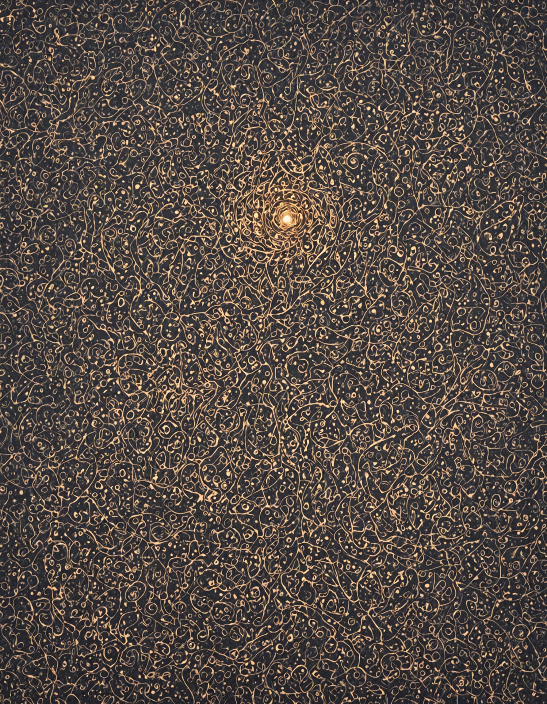 Koyu renk bir arka plana sahip, yoğun ve karmaşık bir şekilde kıvrılan altın renkli çizgiler ve noktalarla kaplı soyut bir tablo. Tablonun üst merkezinde, tek ve parlak bir ışık küresi, odak noktası görevi görüyor.