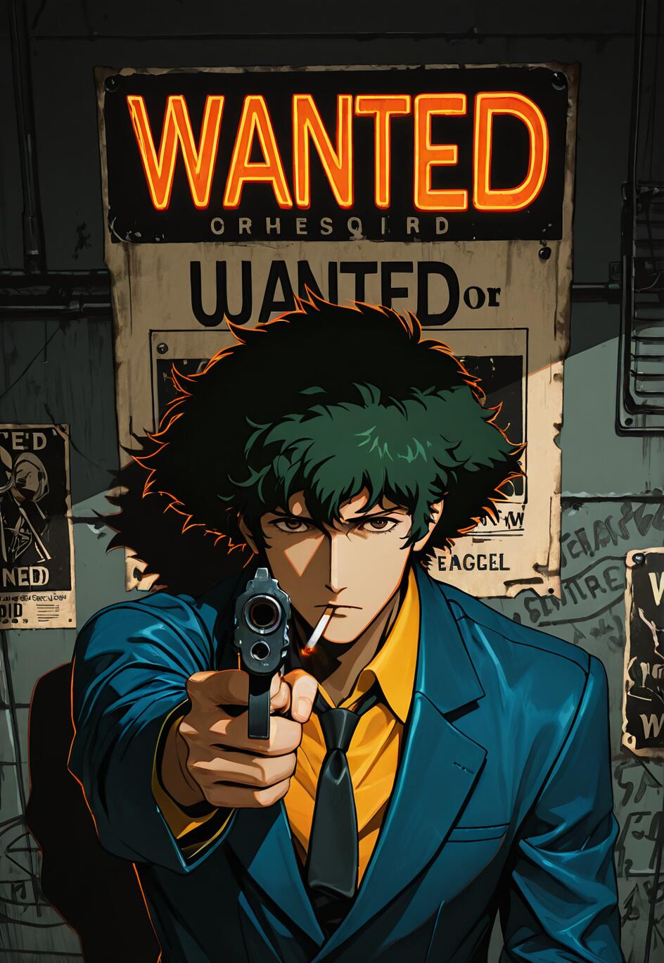 Cowboy Bebop'tan Spike Spiegel'in anime tarzında çizilmiş bir illüstrasyonu; elinde bir tabancayla kameraya doğru nişan alıyor. Saçları dağınık, koyu yeşil renkte, ağzında bir sigara var ve mavi bir takım elbise giymiş. Arkasında büyük, neon renkli bir "ARANIYOR" tabelası bulunan bir duvar var.
