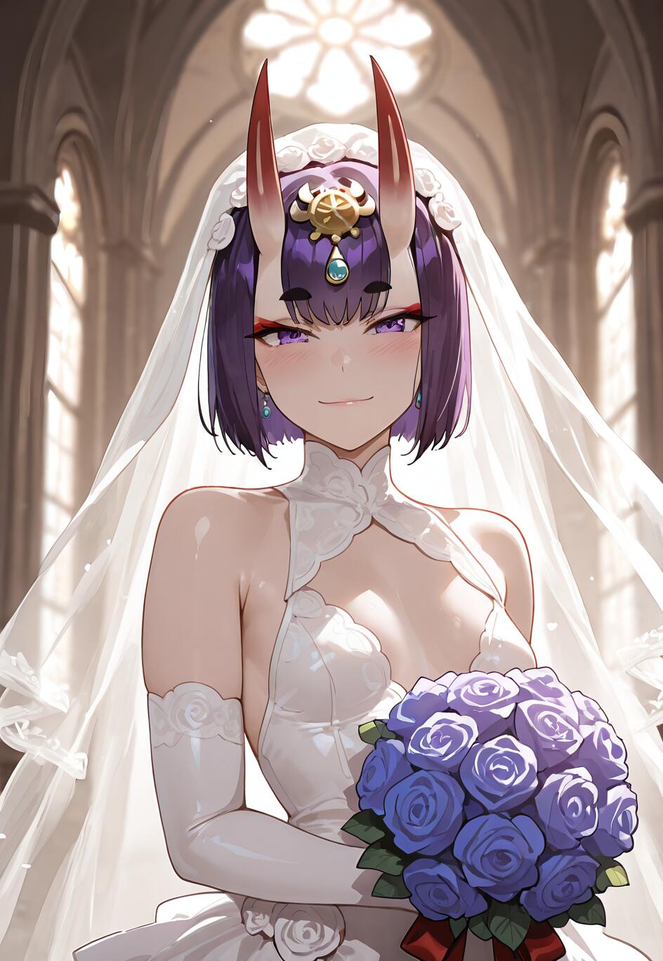 Fate/Grand Order'dan Shuten Douji, gelin olarak, üzerinde beyaz bir düğün elbisesi ve duvağıyla bir kilisenin içinde gülümseyerek duruyor ve elinde mavi güllerden oluşan bir demet tutuyor.