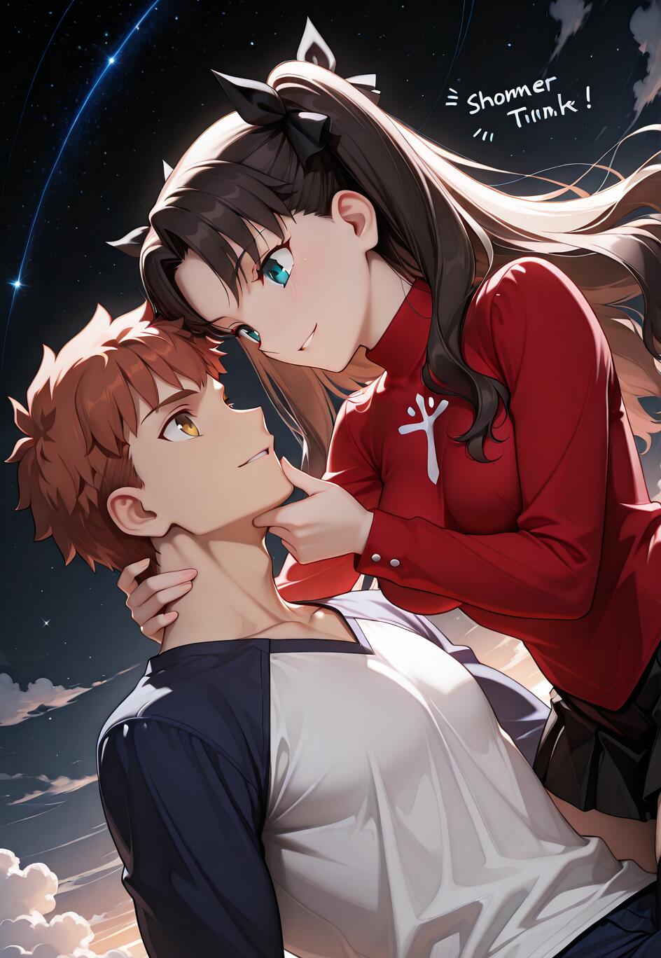 Fate/stay night animesinden, Tohsaka Rin ve Emiya Shirou'nun romantik bir an paylaştığı bir çizim. Uzun, koyu saçlı ve kırmızı bir kazak giymiş olan Rin, Shirou'ya bakıyor ve çenesini tutuyor. Kızıl saçlı Shirou ise ona bakıyor. Arka planda karanlık, yıldızlı bir gece gökyüzü ve bulutlar bulunuyor.