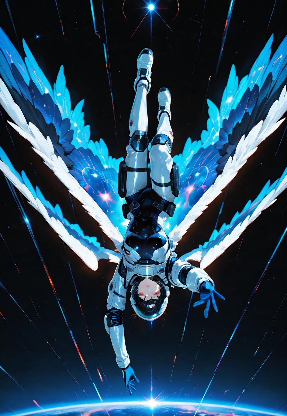 Fate/Grand Order'dan Fujimaru Ritsuka, büyük mavi ve beyaz kanatlara sahip bir astronot olarak, bir gezegenin üzerinde başı aşağı bakacak şekilde uzayda süzülürken izleyiciye doğru uzanıyor.