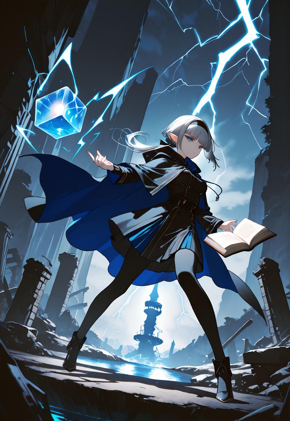 Koyu mavi bir pelerin ve siyah kıyafetler giymiş, gümüş saçlı bir elf kızın tüm vücudunu gösteren bir çizim. Kız, yıkık bir manzara içinde güçlü bir duruş sergiliyor. Elinde bir kitap tutuyor ve fırtınalı gökyüzünde şimşekler çakarken, havada asılı duran mavi bir küpe büyü yapıyor.