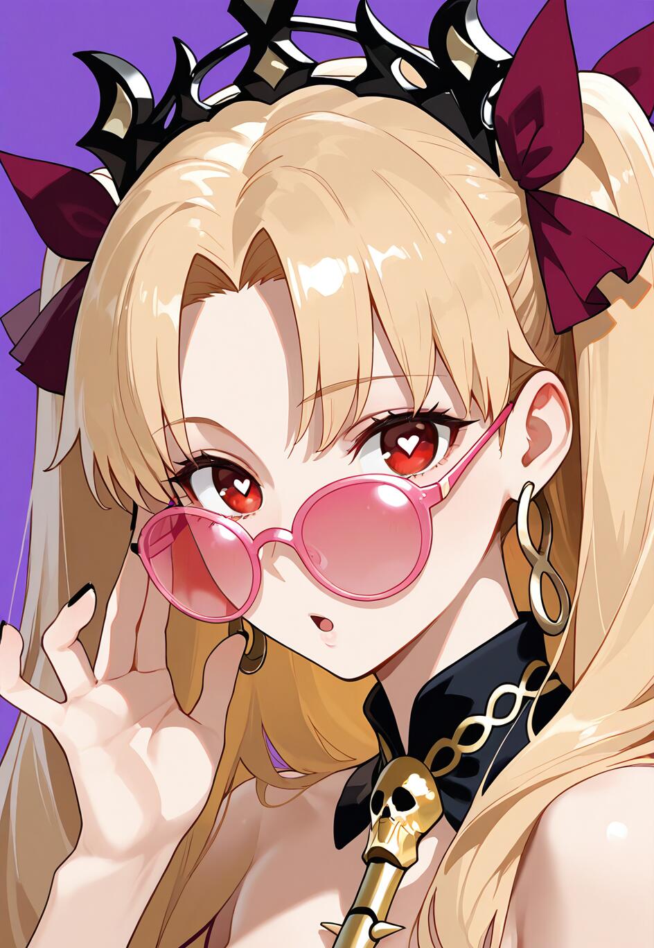Fate/Grand Order oyunundaki Ereshkigal karakterinin anime tarzında çizilmiş bir illüstrasyonu. Kırmızı, kalp şeklinde gözleri ve siyah bir taç takan, pembe renkli güneş gözlüklerini aşağı indirerek izleyiciye bakan sarı saçlı bir kız.