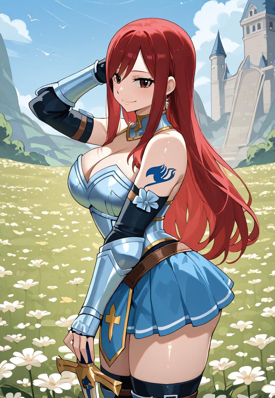Fairy Tail'den Erza Scarlet, gümüş ve mavi zırhı ve mavi eteğiyle, kırmızı saçlı bir savaşçı olarak, arkasında bir kale bulunan beyaz çiçeklerle dolu bir tarlada gülümseyerek duruyor ve elinde bir kılıç tutuyor.