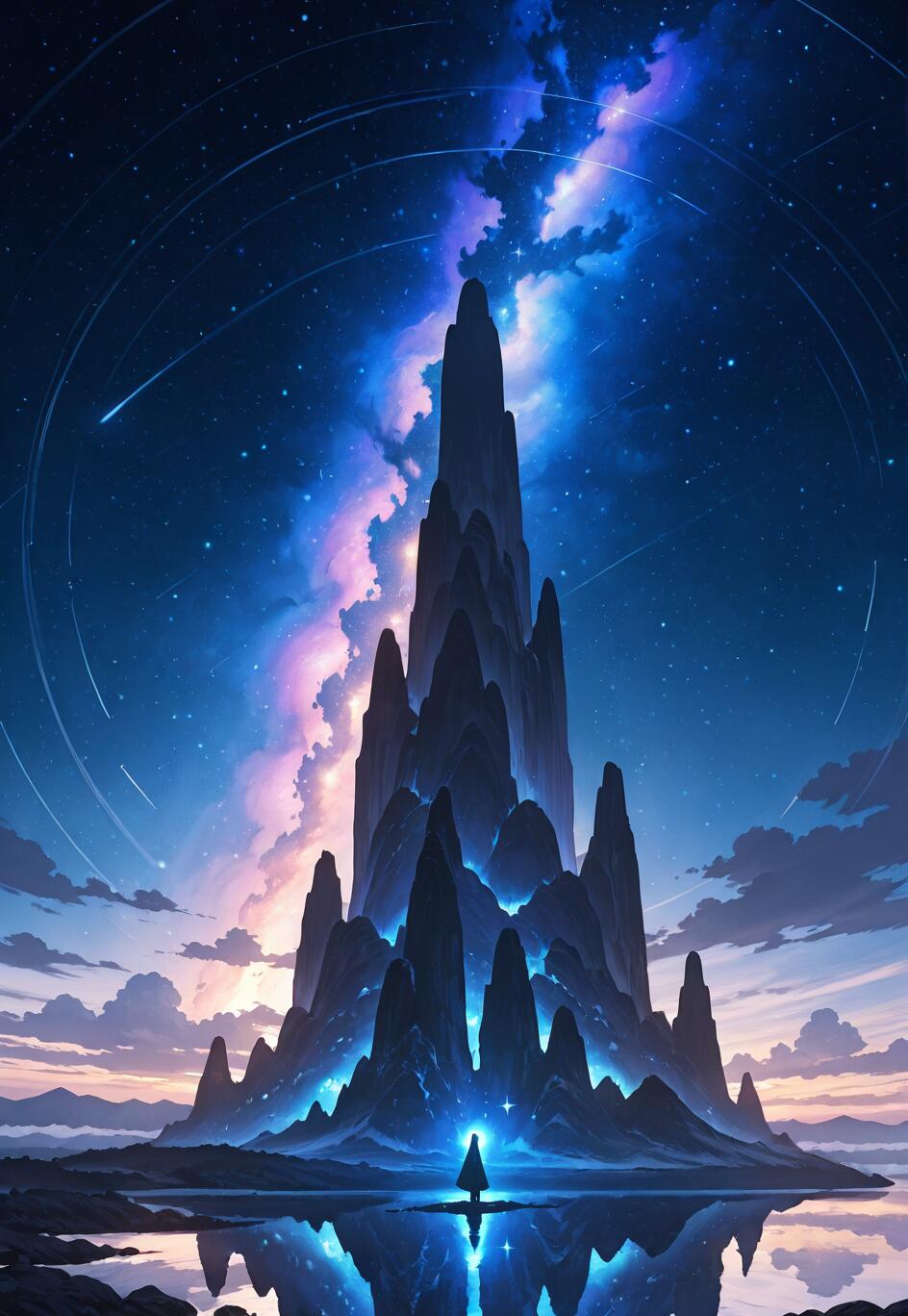 Renkli ve yıldızlarla dolu bir gökyüzü altında, bir nebula ile çevrili, büyük ve engebeli bir dağın önünde, pelerini giymiş yalnız bir figür duruyor ve tüm bu manzara, aşağıda sakin bir şekilde uzanan suda yansıyor.