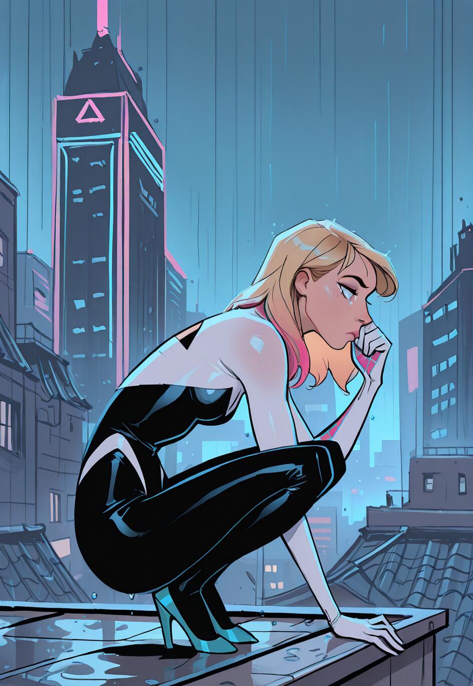 Gwen Stacy, ikonik siyah ve beyaz kostümü içinde Örümcek-Gwen olarak, yağmurlu bir gecede neon ışıklarla aydınlatılmış bir şehirde, ıslak bir çatı üzerinde düşünceli bir şekilde çömelmiş.