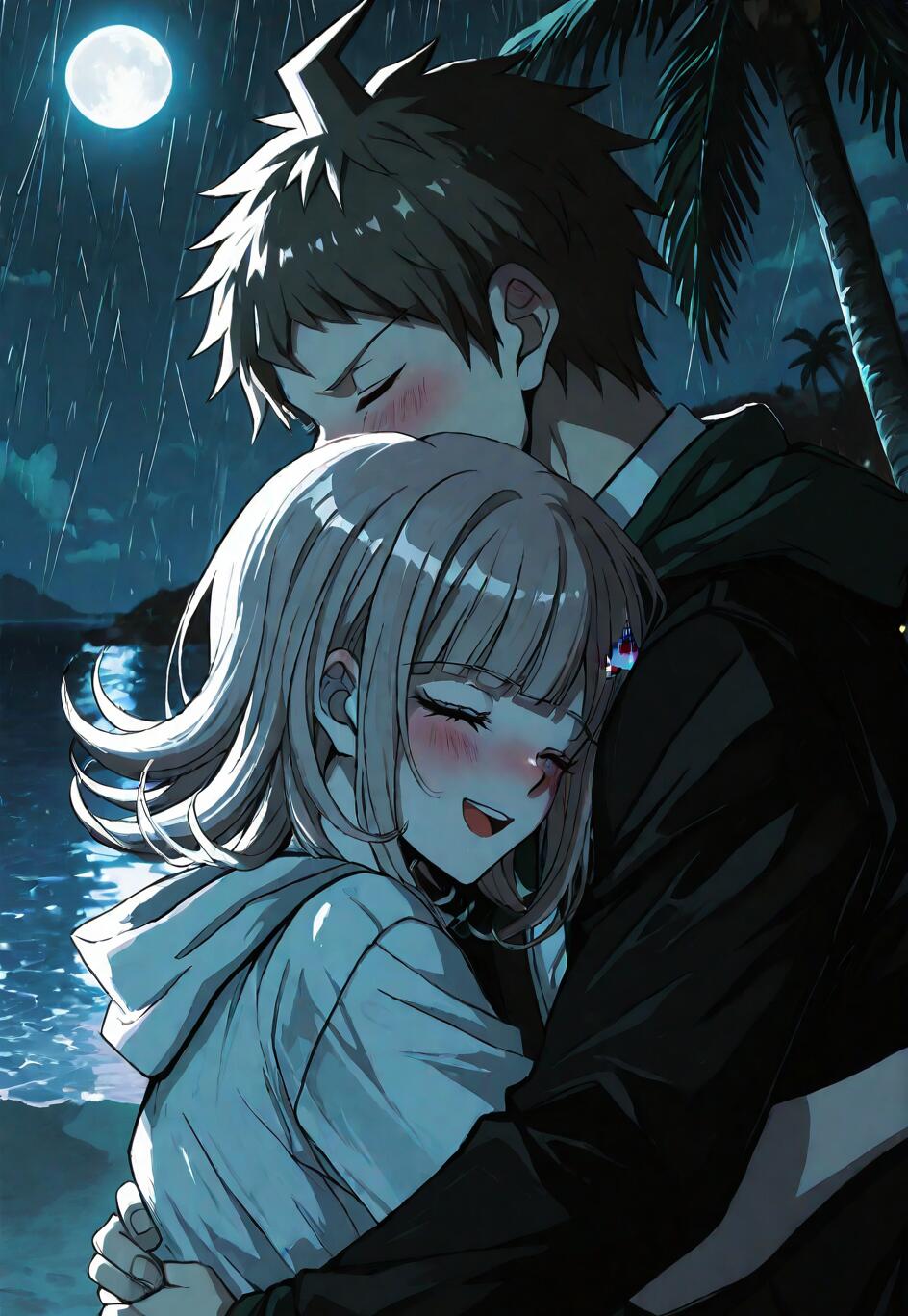 Danganronpa'dan Hajime Hinata ve Chiaki Nanami'nin yağmurlu bir gecede, ay ışığı altında ve palmiye ağaçlarının bulunduğu bir plajda, sevgiyle kucaklaştığı anime hayran çizimi.