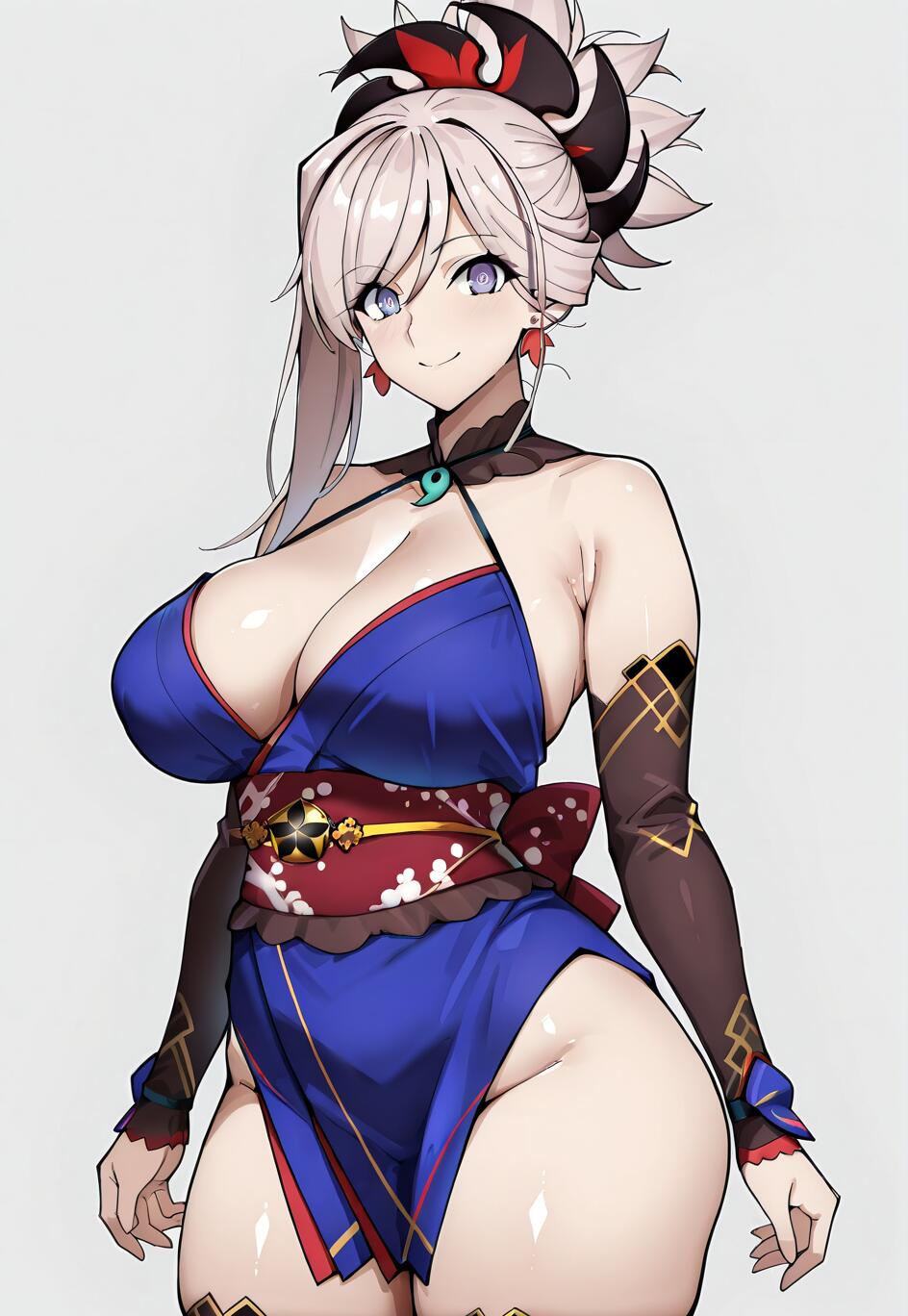 Fate/Grand Order'dan Miyamoto Musashi'nin anime tarzında çizilmiş bir illüstrasyonu. Mavi bir kimono giymiş, kahverengi kol koruyucuları takmış ve saçları yüksek bir at kuyruğu şeklinde yapılmış; yüzünde gülümseme var.