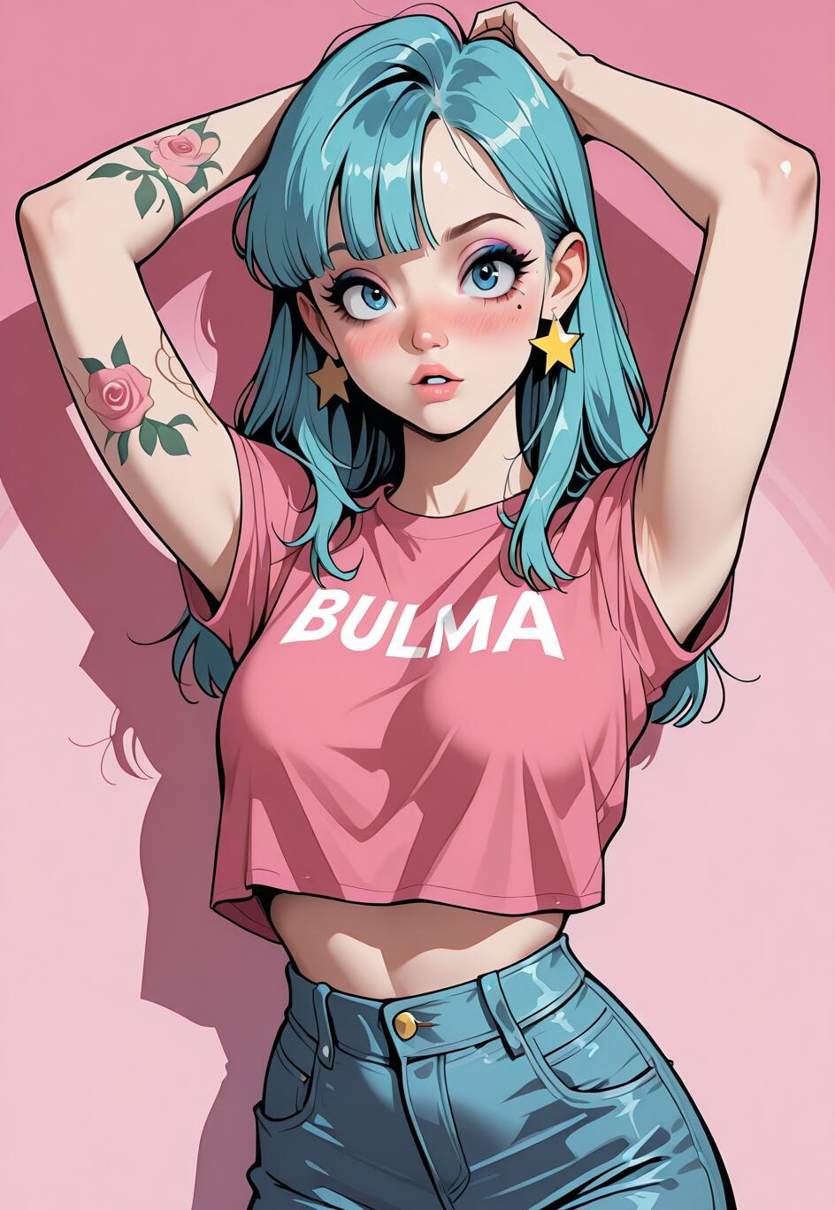 Dragon Ball'dan Bulma'nın anime tarzında çizilmiş bir illüstrasyonu. Mavi saçlı ve mavi gözlü. Üzerinde "BULMA" yazan pembe bir kısa üst, mavi kot pantolon ve yıldız şeklinde küpeler takıyor. Kolunda gül dövmeleri var ve pembe bir arka plan önünde ellerini başının arkasına koymuş poz veriyor.