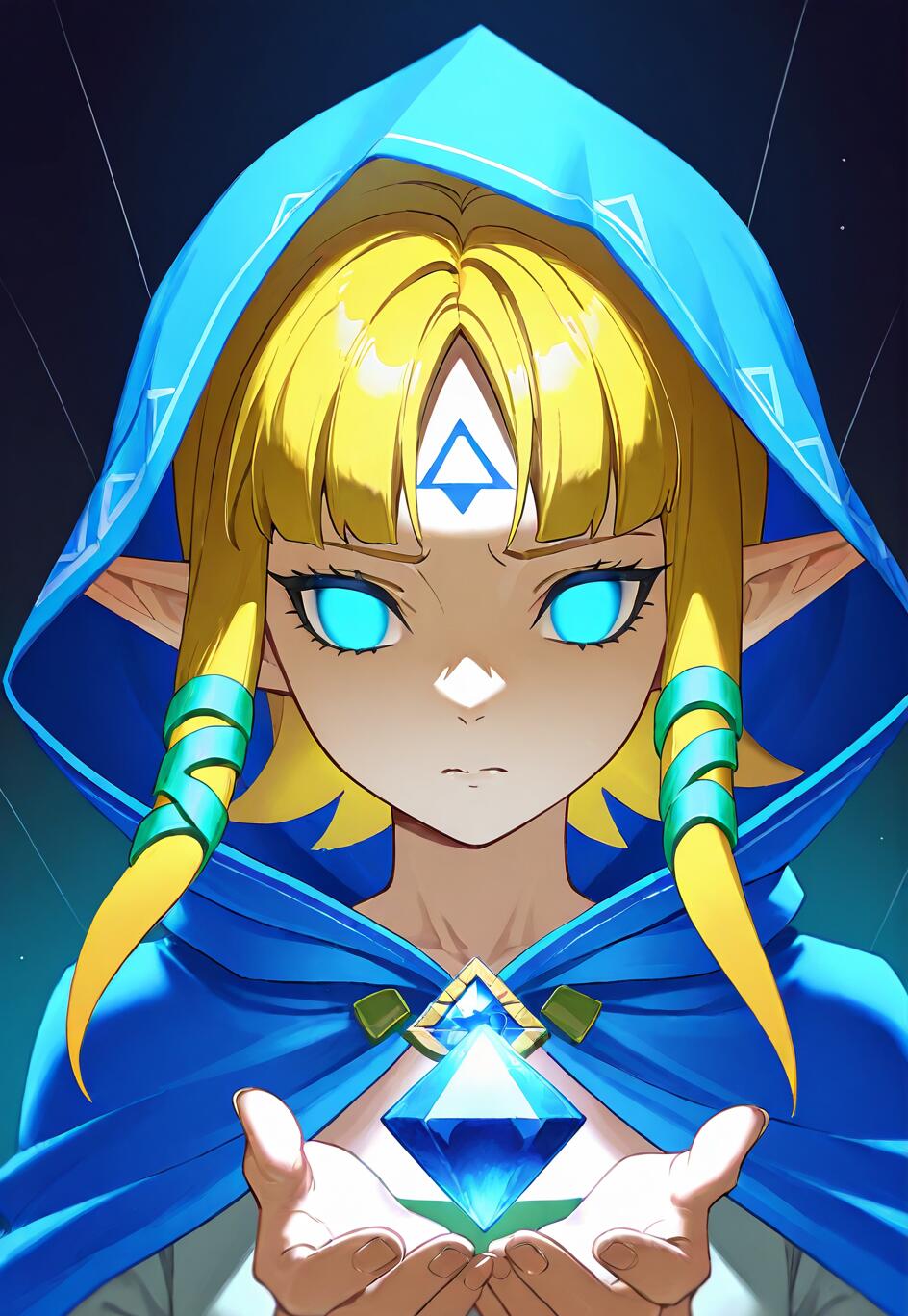 Parlak mavi gözleri olan, mavi renkli kapüşonlu bir pelerin giyen ve parıldayan mavi bir mücevher tutan Prenses Zelda'nın anime tarzında çizilmiş bir illüstrasyonu. Alnında Triforce sembolü bulunuyor.