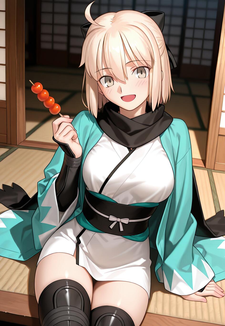 Fate/Grand Order animesindeki karakterlerden Okita Souji, kısa sarı saçları ve siyah bir kurdele takmış genç bir kadın. Turkuaz renkli bir haori ve beyaz bir kimono giymiş, tatami üzerine oturmuş ve elinde turuncu renkli dango şişi tutarak gülümsüyor.