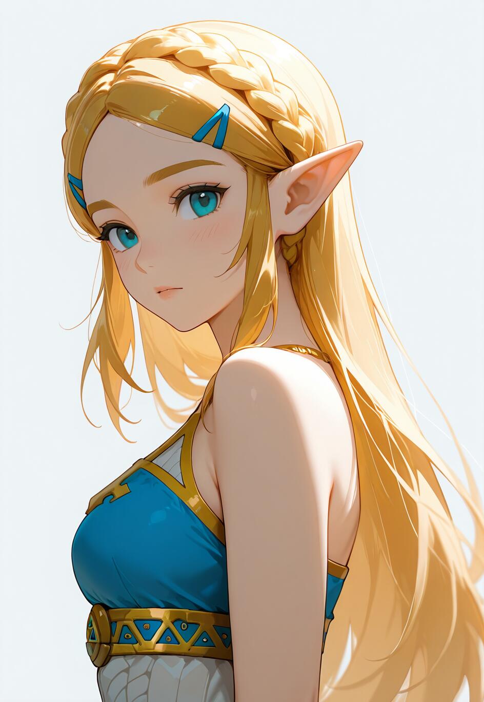 The Legend of Zelda oyunundaki Zelda Prenses'in anime tarzında çizilmiş bir illüstrasyonu. Uzun, sarı saçları, saçlarının önünden aşağıya doğru örülmüş bir taç örgüsü, mavi gözleri ve sivri kulakları var. Mavi ve altın renkli kıyafetleri içinde omuzunun üzerinden bakıyor.