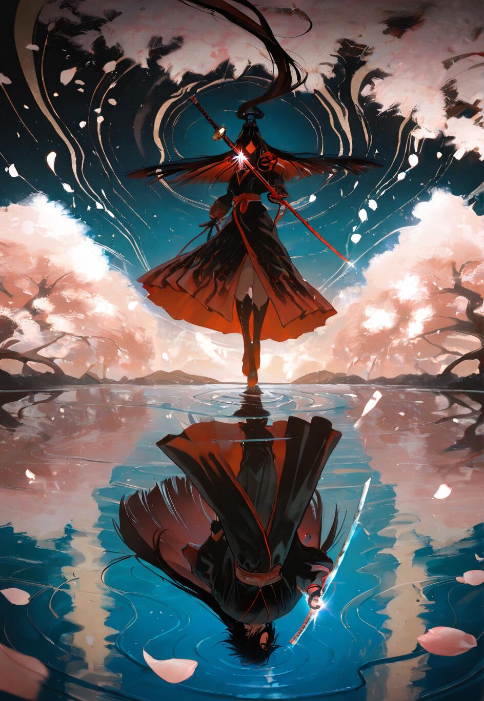 Naruto'dan Sasuke Uchiha'nın anime tarzında çizilmiş bir illüstrasyonu. Gece gökyüzü altında, sakura ağaçlarının olduğu bir suyun üzerinde duruyor. Suydaki yansıması, gerçek yüzünü ortaya çıkararak bir ikilik teması yaratıyor.