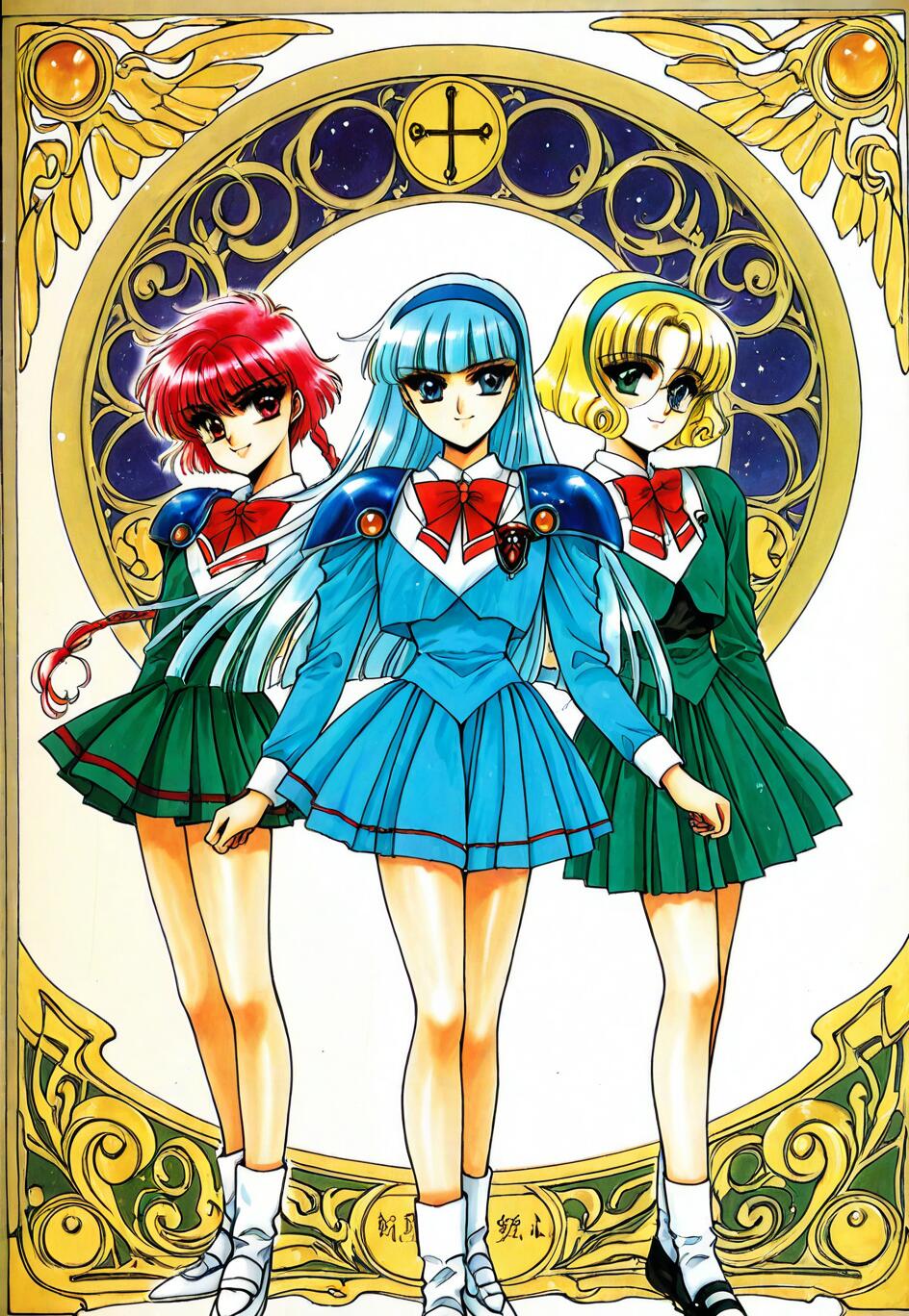 Magic Knight Rayearth'ten Hikaru Shidou, Umi Ryuuzaki ve Fuu Hououji'nin tüm vücutlarını gösteren bir çizim. Hikaru'nun saçları kırmızı, Umi'nin saçları mavi ve Fuu'nun saçları sarı ve gözlük takıyor. Zırhlı okul üniformaları giymişler ve büyük, altın rengi, süslü dairesel bir çerçeve önünde duruyorlar.