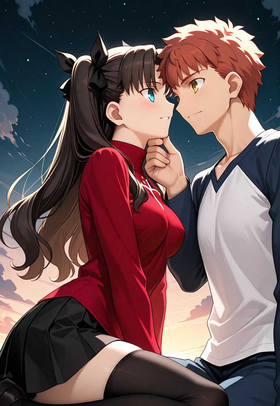 Fate/stay night animesinden Rin Tohsaka ve Shirou Emiya'nın romantik bir an yaşadığı bir anime çizimi. Shirou, yıldızlı bir gece gökyüzü altında birbirlerinin gözlerinin içine bakarken Rin'in çenesini tutuyor.