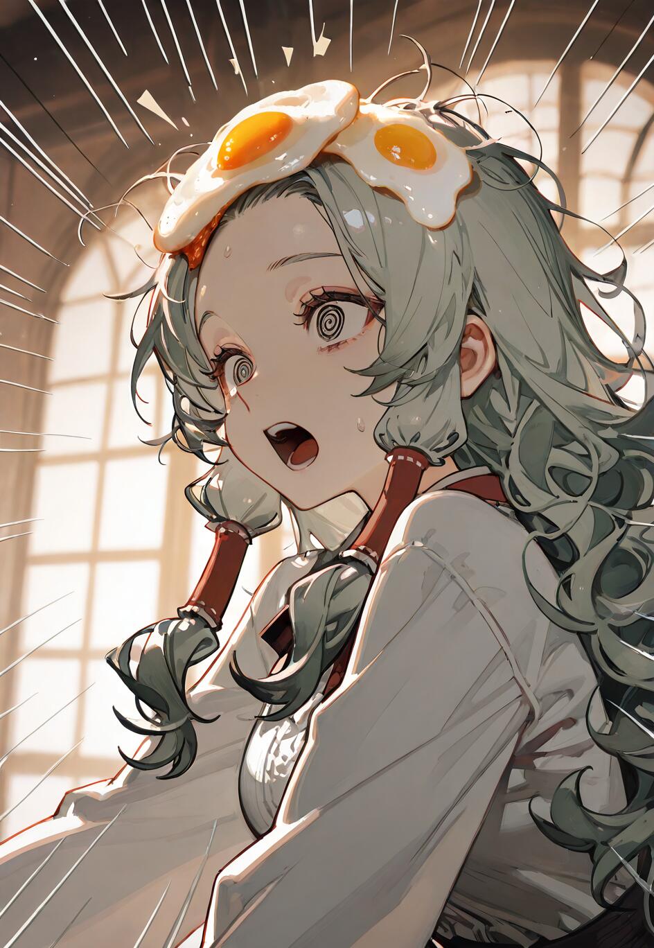 Dalgalı, açık yeşil saçları ve spiral şeklinde gözleri olan, anime tarzında bir kız. İki tane kızarmış yumurta başının üzerinde dururken, şaşkınlıkla ağzı açık bir şekilde duruyor.