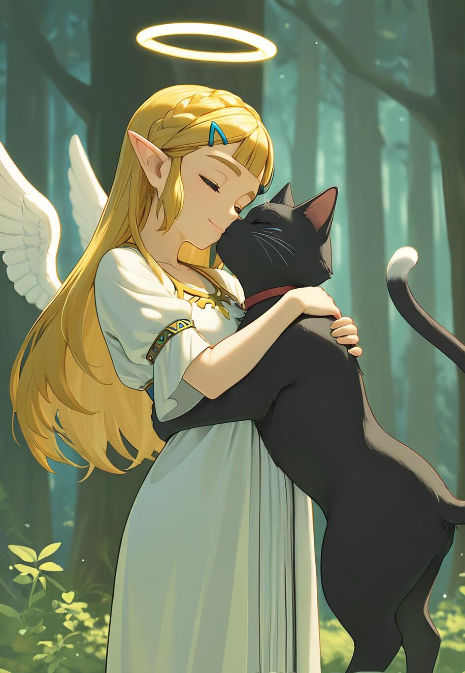 Ormanlık bir ortamda, melek kanatları ve bir hale ile tasvir edilmiş, şefkatle siyah bir kediyi kucağına almış Prenses Zelda'nın anime tarzında bir çizimi.
