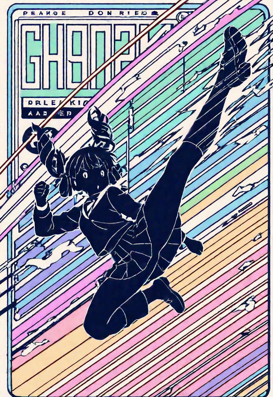 Anime tarzında hazırlanmış, ikiz örgülü saçları olan ve yüksek bir tekme atarkenki silueti gösterilen bir okul kızının dijital illüstrasyonu. Arka plandaki renkli, çapraz pastel çizgiler üzerine beyaz renkle çizilmiş silueti, hız ve hareket hissi uyandırıyor.