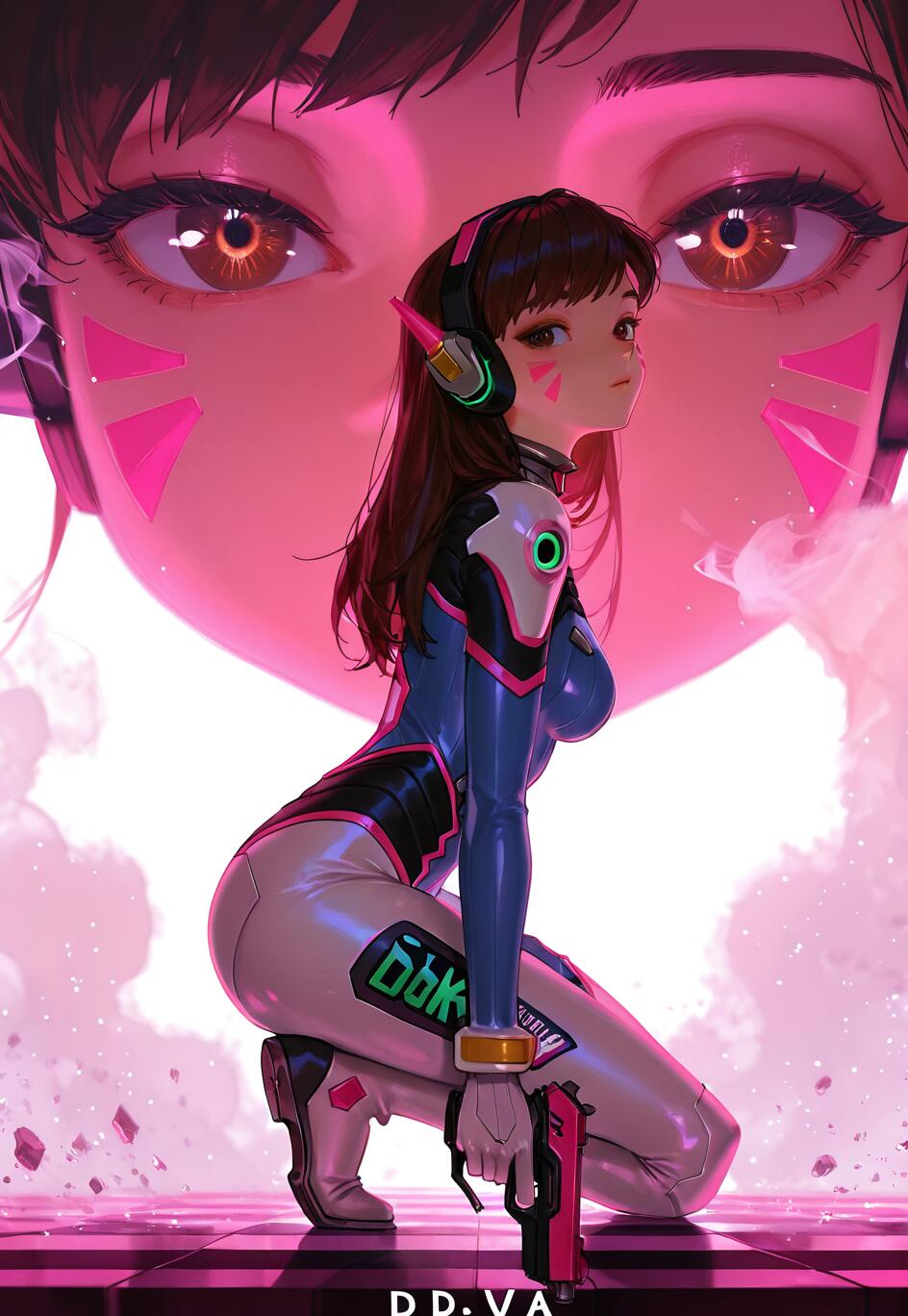 Overwatch oyunundan D.Va'nın, pembe ve siyah kareli bir zeminde çömelmiş halde olduğu, tüm vücudunu gösteren bir çizim. Üzerinde pilot kıyafeti, elinde pembe bir tabanca var ve omuzunun üzerinden bakıyor. Arka planda, yüzünün büyük ve pembe tonlu bir yakın çekimi bulunuyor.