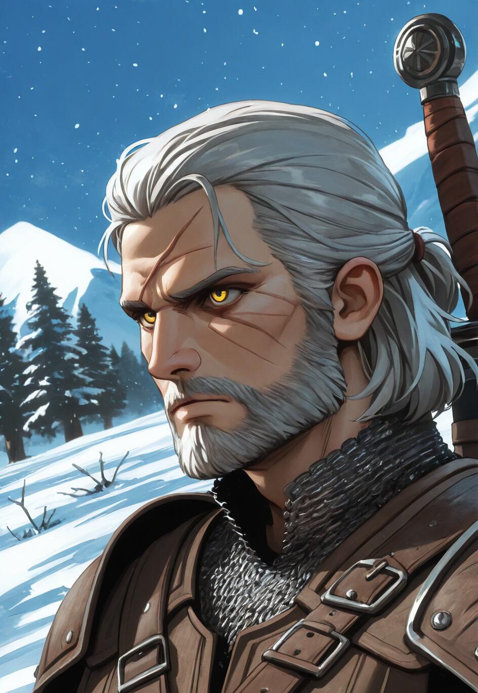 The Witcher serisinden, beyaz saçlı, sakallı ve sarı gözlü Geralt of Rivia'nın bir illüstrasyonu. Gözleri bir yana bakıyor. Karla kaplı, dağlık bir ortamda, üzerinde deri ve zincir zırhı ile sırtında bir kılıçla duruyor.
