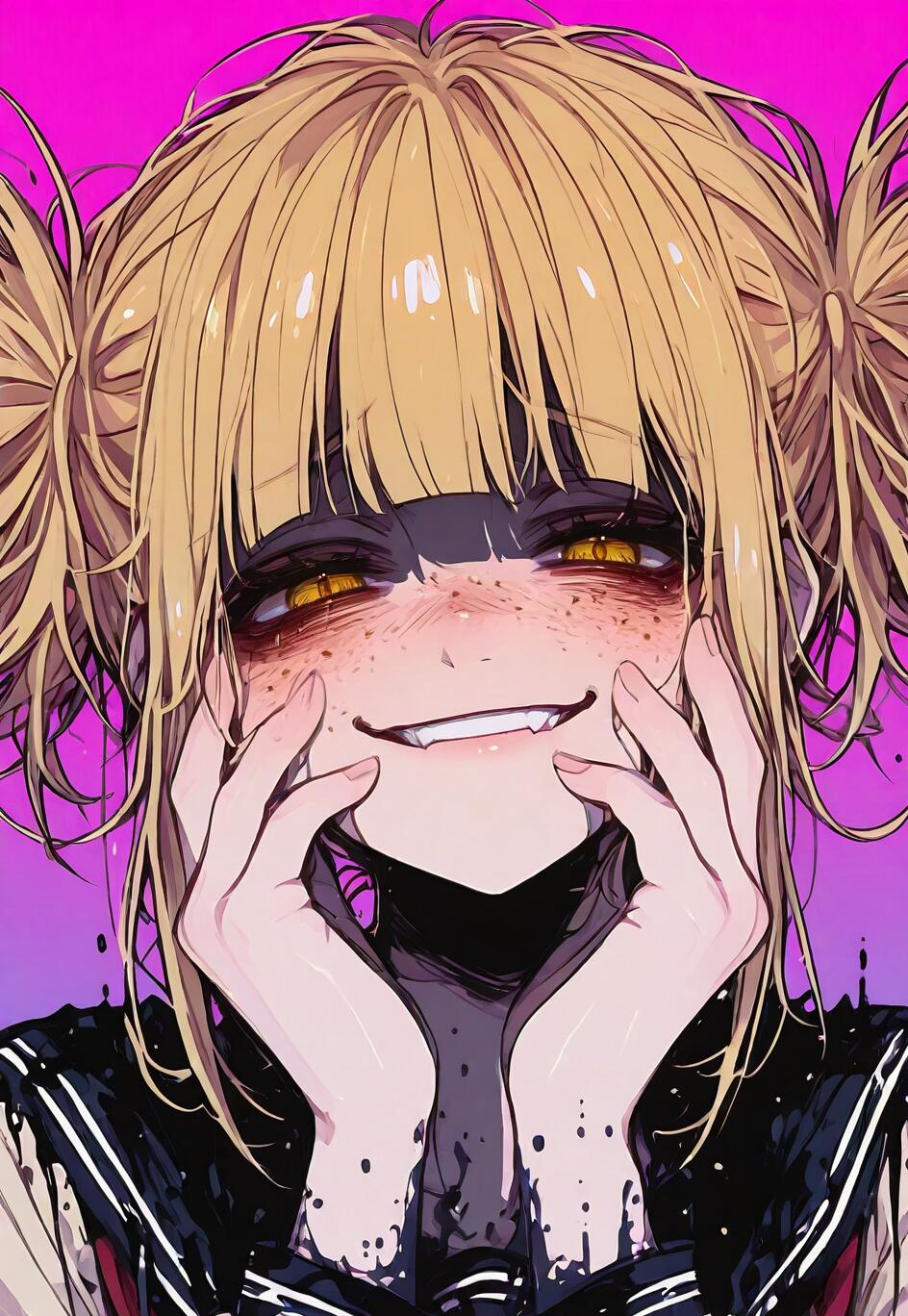 My Hero Academia'dan Himiko Toga'nın anime tarzında çizilmiş bir portresi. Saçları dağınık, sarı renkte, iki yandan topuz yapılmış. Gözleri altın rengi ve geniş, dişleri görünen bir gülümsemeye sahip. Elleri yanaklarının üzerinde ve ifadesi rahatsız edici derecede neşeli.