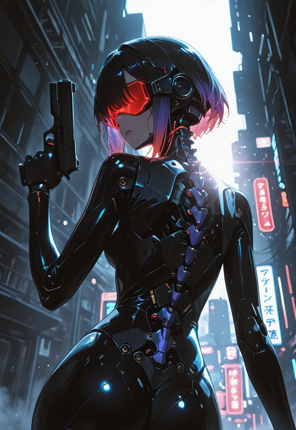 Ghost in the Shell'den cyborg Motoko Kusanagi'nin anime tarzında çizilmiş bir illüstrasyonu. Kısa mor saçları, kırmızı bir vizörü var ve üzerinde mekanik omurgası görünen siyah bir sibernetik kıyafet giymiş. Elinde bir tabanca tutuyor, neon ışıklarla dolu fütüristik bir şehirde gece vakti omuzunun üzerinden bakıyor.