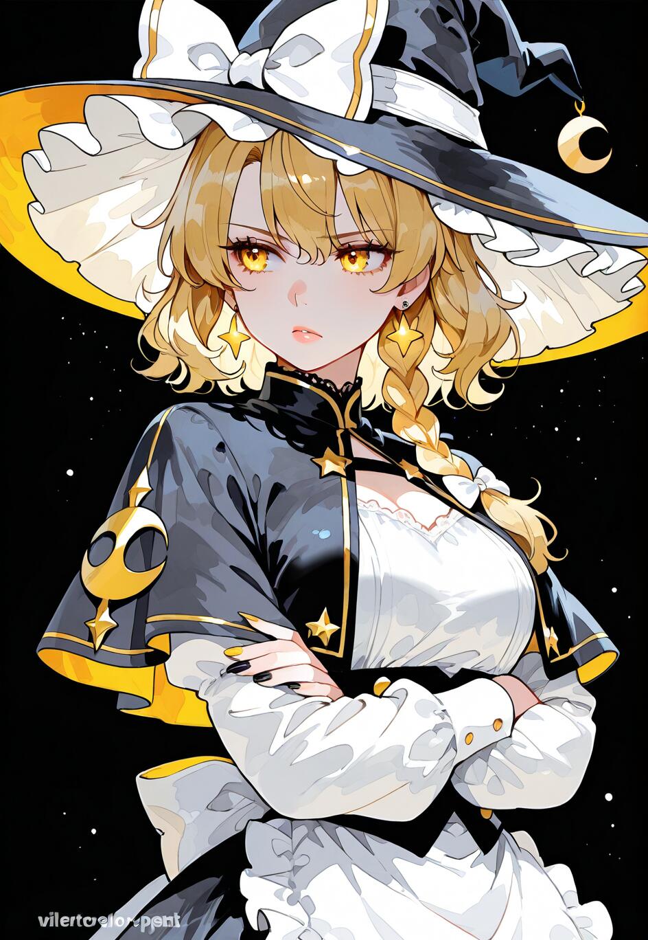 Touhou Project'ten Marisa Kirisame'nin anime tarzında çizilmiş bir görseli. Sarıya çalan parlak gözleri olan, uzun sarı saçlı bir cadı. Üzerinde beyaz bir kurdele ve siyah-beyaz desenli bir elbise bulunan, büyük siyah bir şapka takmış. Siyah, yıldızlarla dolu bir arka plan önünde, kollarını kavuşturmuş şekilde duruyor.