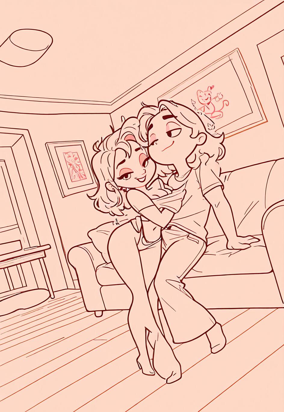 Bir oturma odasında, şakacı bir şekilde birbirlerine sarılan bir erkek ve bir kadının çizgi film tarzında, basit çizgilerle çizilmiş bir resmi. Erkek, koltuğun koluna oturmuş, kadın önünde dururken, kadının üstünü kaldırıyor ve ikisi de birbirlerine gülümseyerek bakıyor.