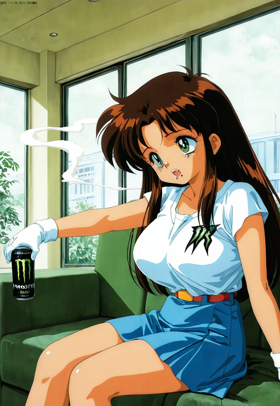 You're Under Arrest' adlı animedeki Natsumi Tsujimoto'nun, 90'lar tarzında çizilmiş bir illüstrasyonu: Yeşil bir koltuğa oturmuş, elinde bir Monster Energy kutusu tutuyor ve etrafında dumanlar yükseliyor.