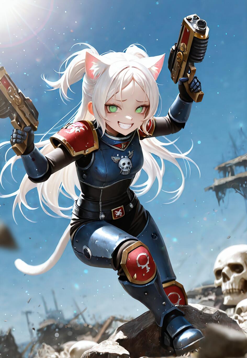 Beyaz saçlı ve yeşil gözlü, mavi ve kırmızı Warhammer 40k tarzı güç zırhı giymiş, ıssız bir savaş alanında neşeyle iki elini kullanarak tabancalarla ateş eden bir anime tarzı kedi kız.