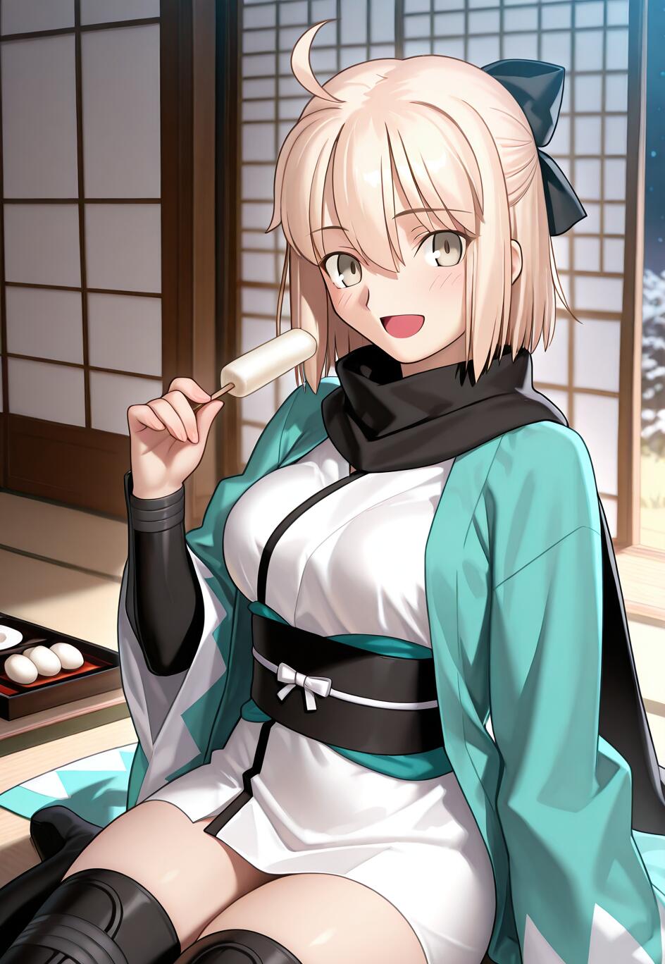 Fate/Grand Order adlı animeden, sarı saçlı Okita Souji karakteri, geleneksel bir Japon odasında otururken ve elinde bir dango (Japon tatlısı) tutarken sıcak bir şekilde gülümsüyor. Üzerinde beyaz bir kimono ve bunun üzerinde turkuaz renkli bir haori (kimono üzerine giyilen ceket) var.