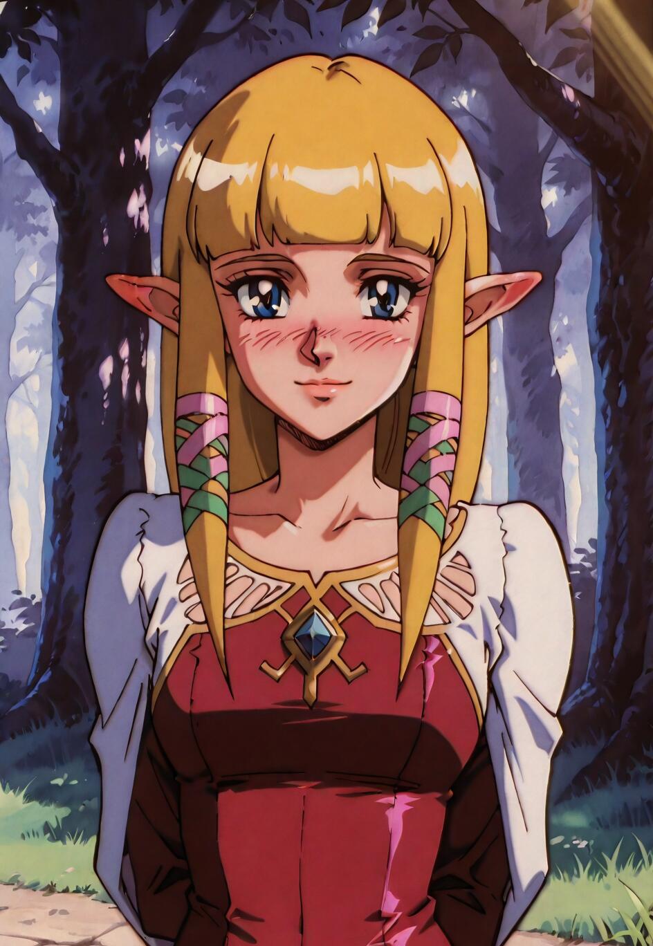 Skyward Sword oyunundan Prenses Zelda'nın, 90'lar tarzı bir anime çizimiyle tasvir edildiği bir görsel. Uzun sarı saçları, sivri kulakları ve mavi gözleri var ve hafifçe kızarmış yanakları ve tatlı bir gülümsemesiyle görülüyor. Ormanda, pembe ve kırmızı bir elbise ile beyaz bir şal giymiş.