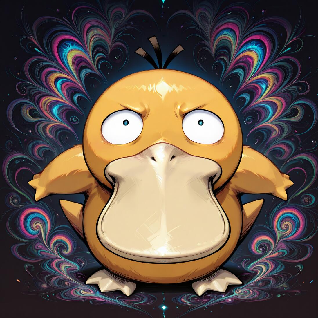 Pokémon karakteri Psyduck, kafası karışmış ve gergin bir ifadeyle, kocaman gözleri ve çatık kaşlarıyla ön planda duruyor. Arkasında, pembe, mavi, sarı ve yeşil renklerde canlı, girdap desenli ve simetrik bir desenle aydınlatılmış koyu renk bir arka plan bulunuyor.