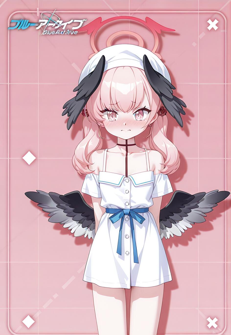 Blue Archive oyunundan Shimoe Koharu'nun tüm vücudunu gösteren bir çizim. Pembe saçlı ve üzerinde mavi bir kurdele bulunan beyaz bir yazlık elbise giymiş. Pembe bir arka plan önünde, hafif telaşlı bir ifadeyle izleyiciye bakıyor.