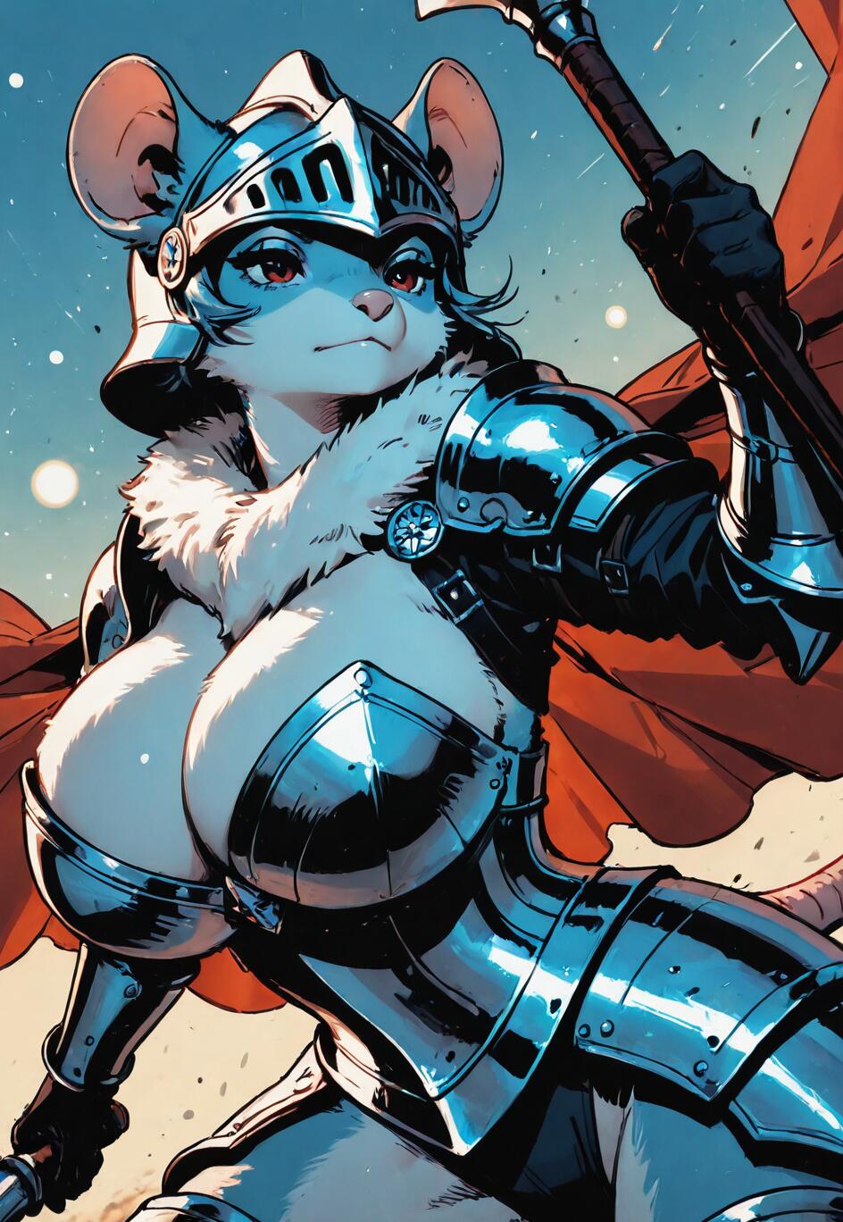 Tamamen zırhla kaplı ve kask takmış, insan özelliklerine sahip dişi bir fare savaşçının dijital çizimi. Arkasında dalgalanan kırmızı bir pelerin ve elinde bir savaş çekiçi var. Yüzünde kararlı bir ifade beliriyor.