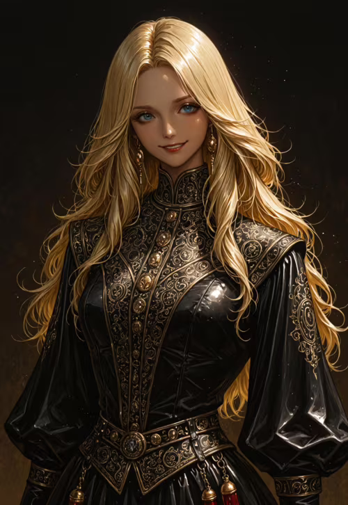 Uzun, dalgalı sarı saçları ve mavi gözleri olan, hafifçe gülümseyen genç bir kadının belden yukarısının dijital olarak çizilmiş portresi. Koyu renk bir zemin üzerinde, yüksek yakalı, oldukça detaylı siyah ve altın rengi fantastik bir elbise giyiyor.