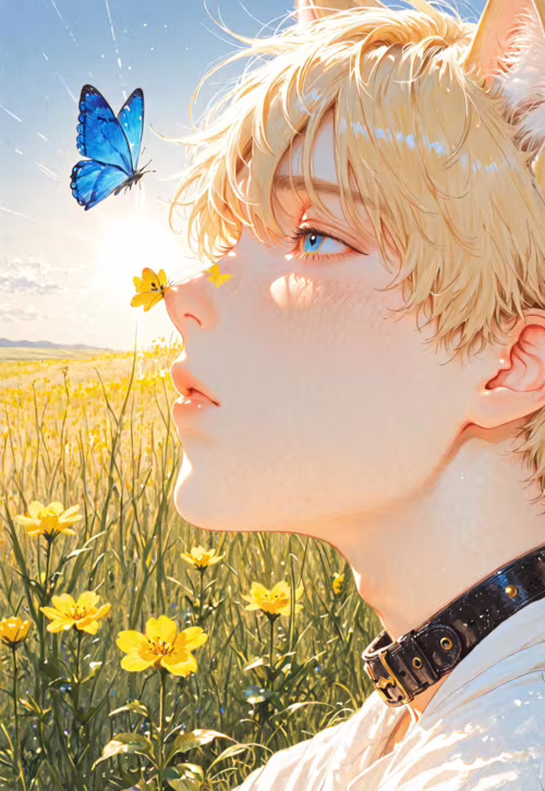 Sarışın saçlı ve kedi kulaklı genç bir adamın yan profilden çizilmiş, anime tarzında bir illüstrasyonu. Güneşli, sarı çiçeklerle dolu bir tarlada duruyor ve yüzünün yakınındaki mavi bir kelebeğe bakıyor. Üzerinde siyah bir yakalık ve beyaz bir gömlek var.