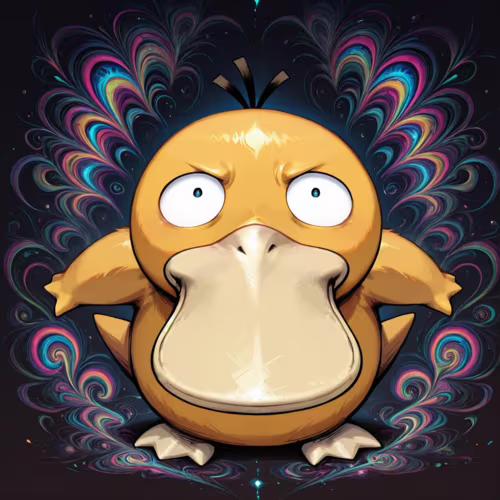 Pokémon karakteri Psyduck, kafası karışmış ve gergin bir ifadeyle, kocaman gözleri ve çatık kaşlarıyla ön planda duruyor. Arkasında, pembe, mavi, sarı ve yeşil renklerde canlı, girdap desenli ve simetrik bir desenle aydınlatılmış koyu renk bir arka plan bulunuyor.