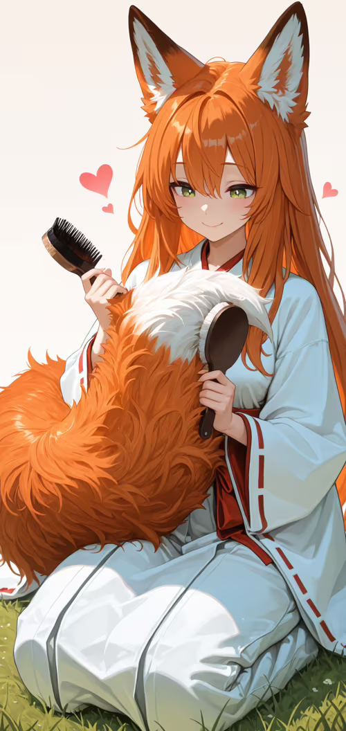 Uzun, turuncu saçları ve yeşil gözleri olan, anime tarzında bir tilki kız, üzerinde... Nokia 7 dot 1