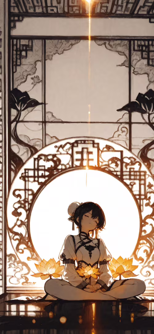 Beyaz saçları iki yandan topuz şeklinde yapılmış bir anime kız, lotus pozisyonunda... Apple iPhone 16