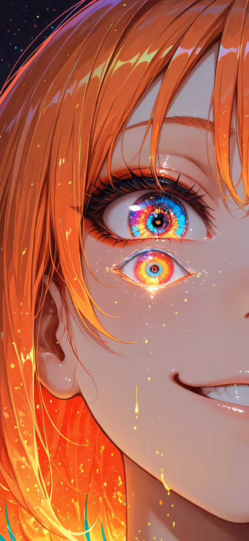 Canlı turuncu saçları ve alaycı bir gülümsemesi olan bir anime kızının yakın çekimden... Apple iPhone 14 Plus