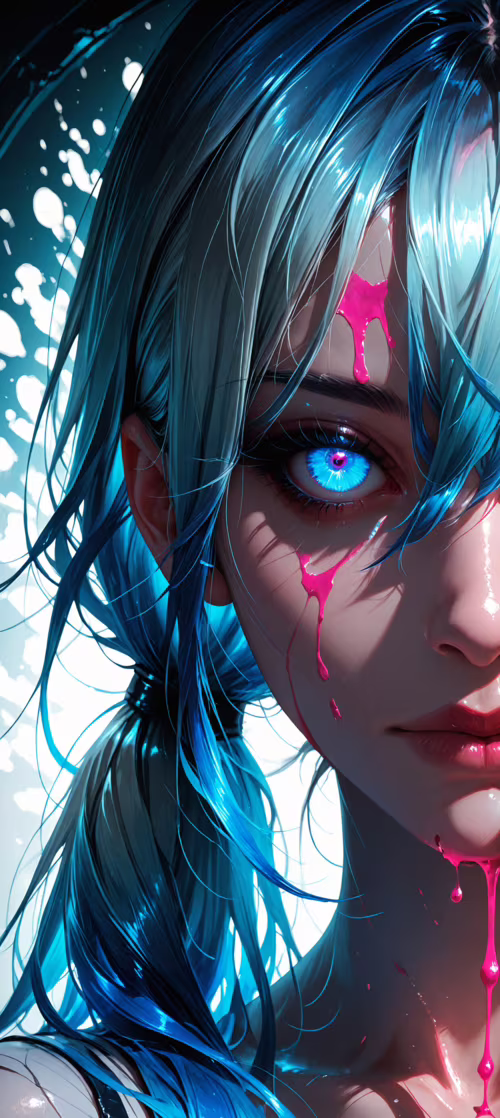 Pembe ve mavi renkte, iki yandan örülmüş saçları olan genç bir kadının yakın çekim...