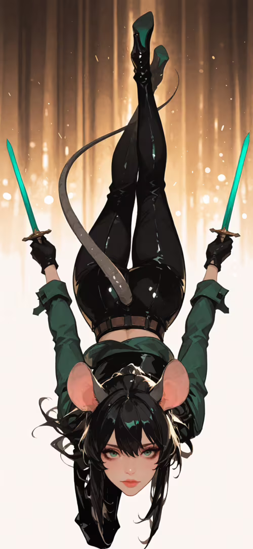 Siyah saçlı, yeşil gözlü, büyük fare kulaklarına ve uzun bir fare kuyruğuna sahip,...