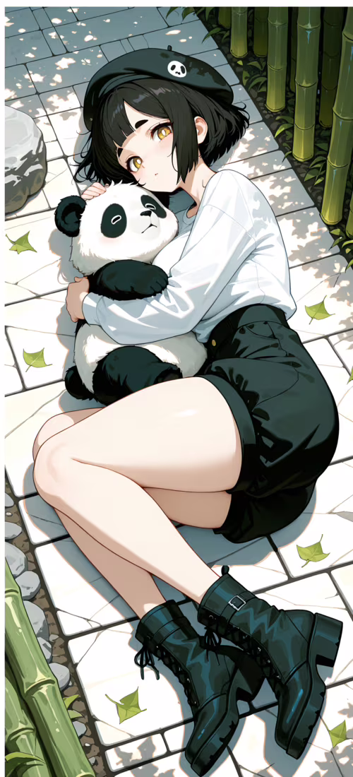 Kısa siyah saçlı ve üzerinde panda desenli bir bere bulunan, anime tarzında bir kız,...
