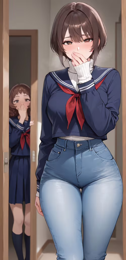 Beyaz örgü bir kazak ve kot pantolon giyen, kısa kahverengi saçlı, anime tarzında... Samsung Galaxy M01 Core