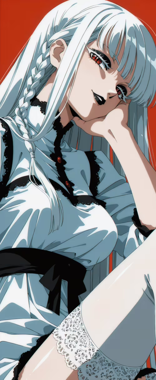 Uzun beyaz saçlı ve kırmızı gözlü bir anime karakterinin, düz kırmızı bir zemin üzerinde... Samsung Galaxy Z Flip